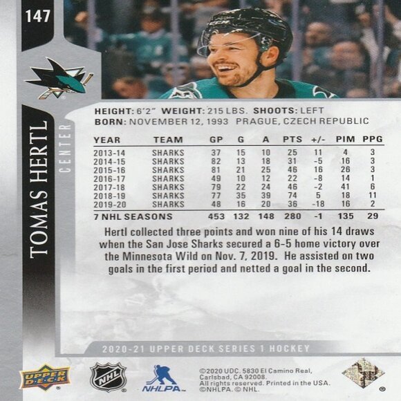Tomas Hertl - 2020/2021 Upper Deck Series 1 Hockey Card - Picture 2 of 2